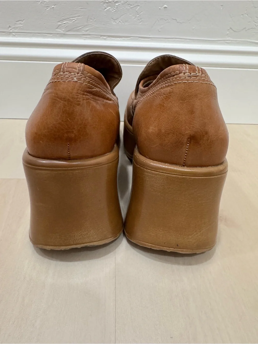 VTG Steve Madden Ink Y2K Tan Leather Chunky Platform Wedge Loafers 10 Vintage